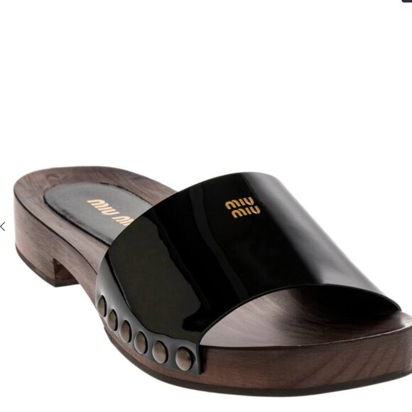 MIU MIU 5Z425E Black Patent Leather Wooden Clogs Sandals New & Authentic